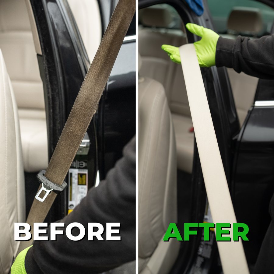 Before and after result from cleaning a vehicle seat belt.